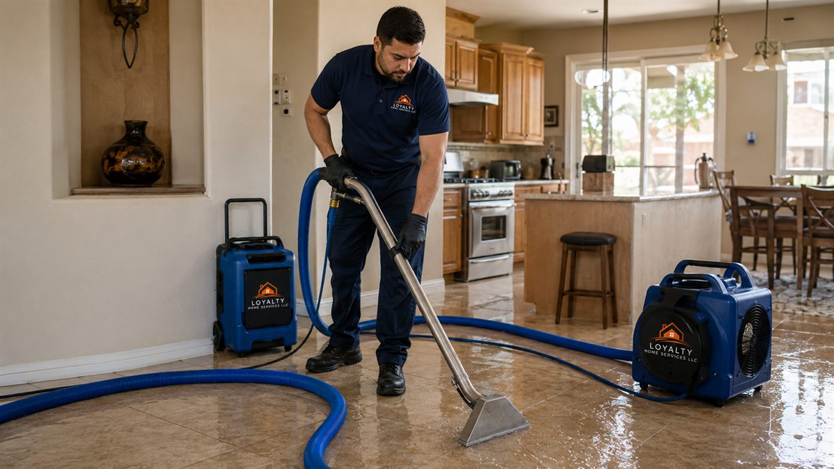 Loyalty Home Services technician extracting standing water from a tile floor with an extraction wand in Las Vegas