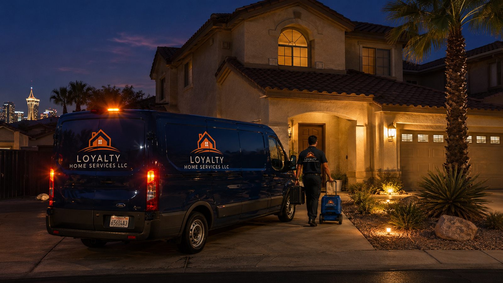 Loyalty Home Services navy emergency van at a Las Vegas home at night with the city skyline behind