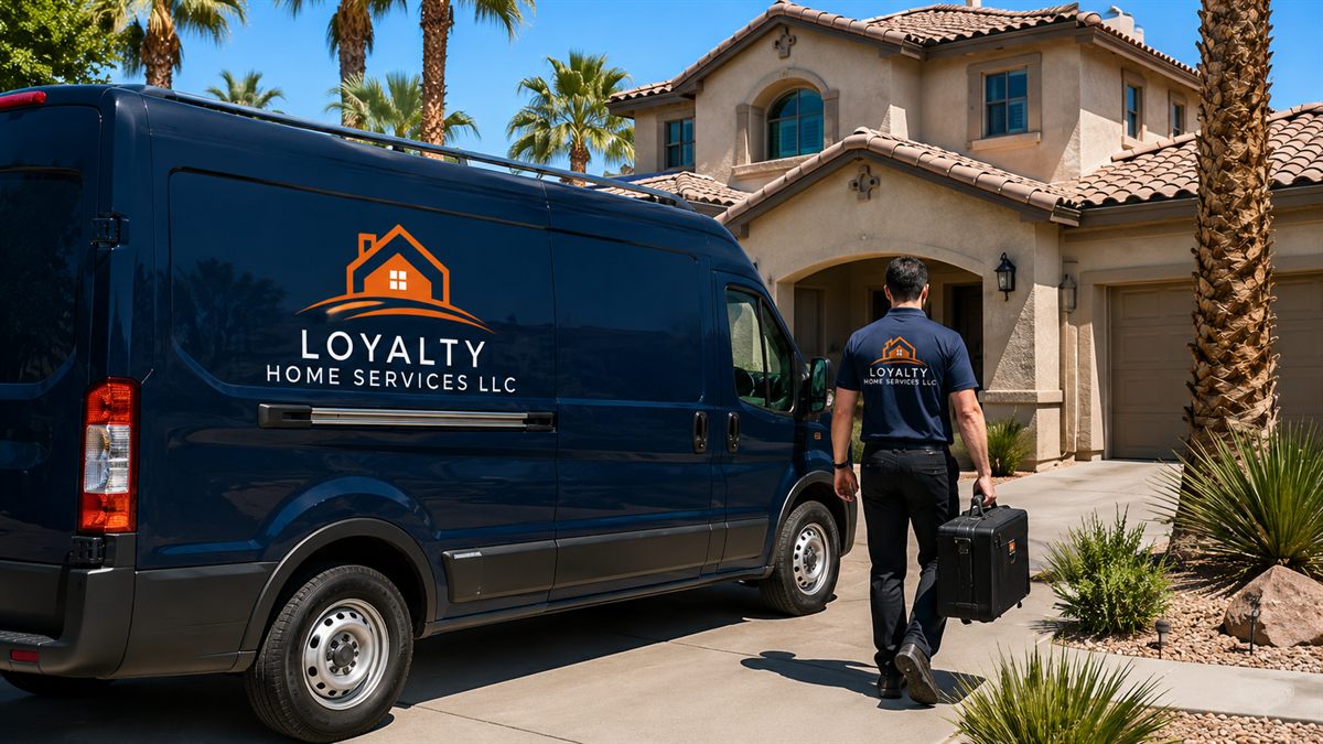 Loyalty Home Services navy restoration van parked at a Las Vegas home