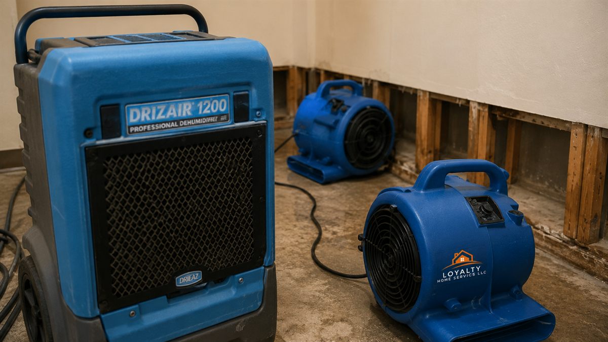 Commercial dehumidifier and air mover running for structural drying after water damage in a Las Vegas home